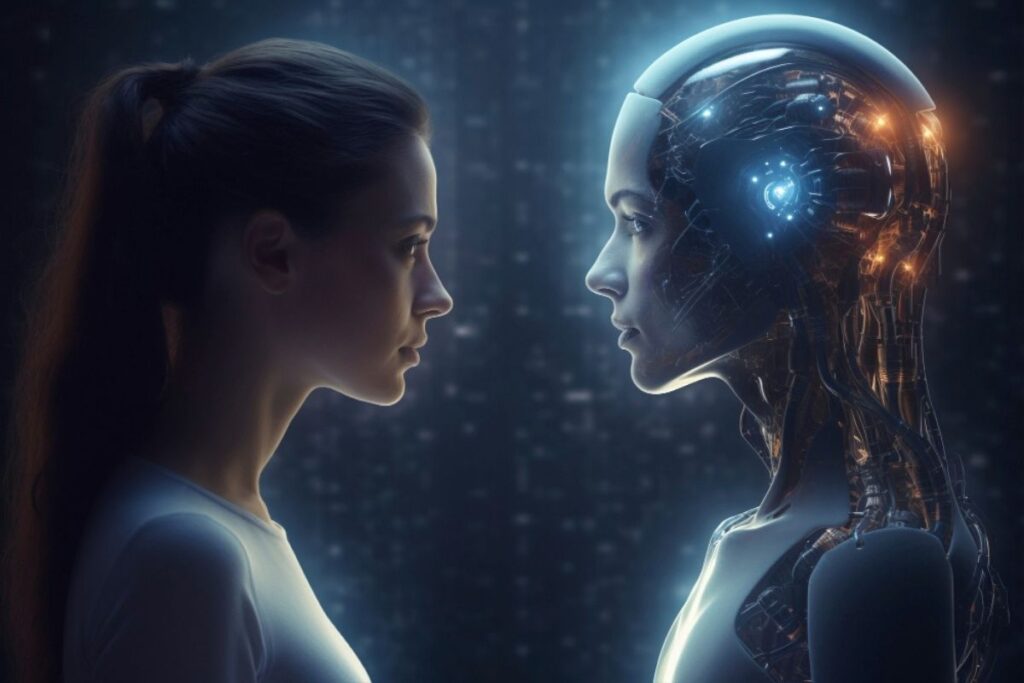 robot and women facing each other